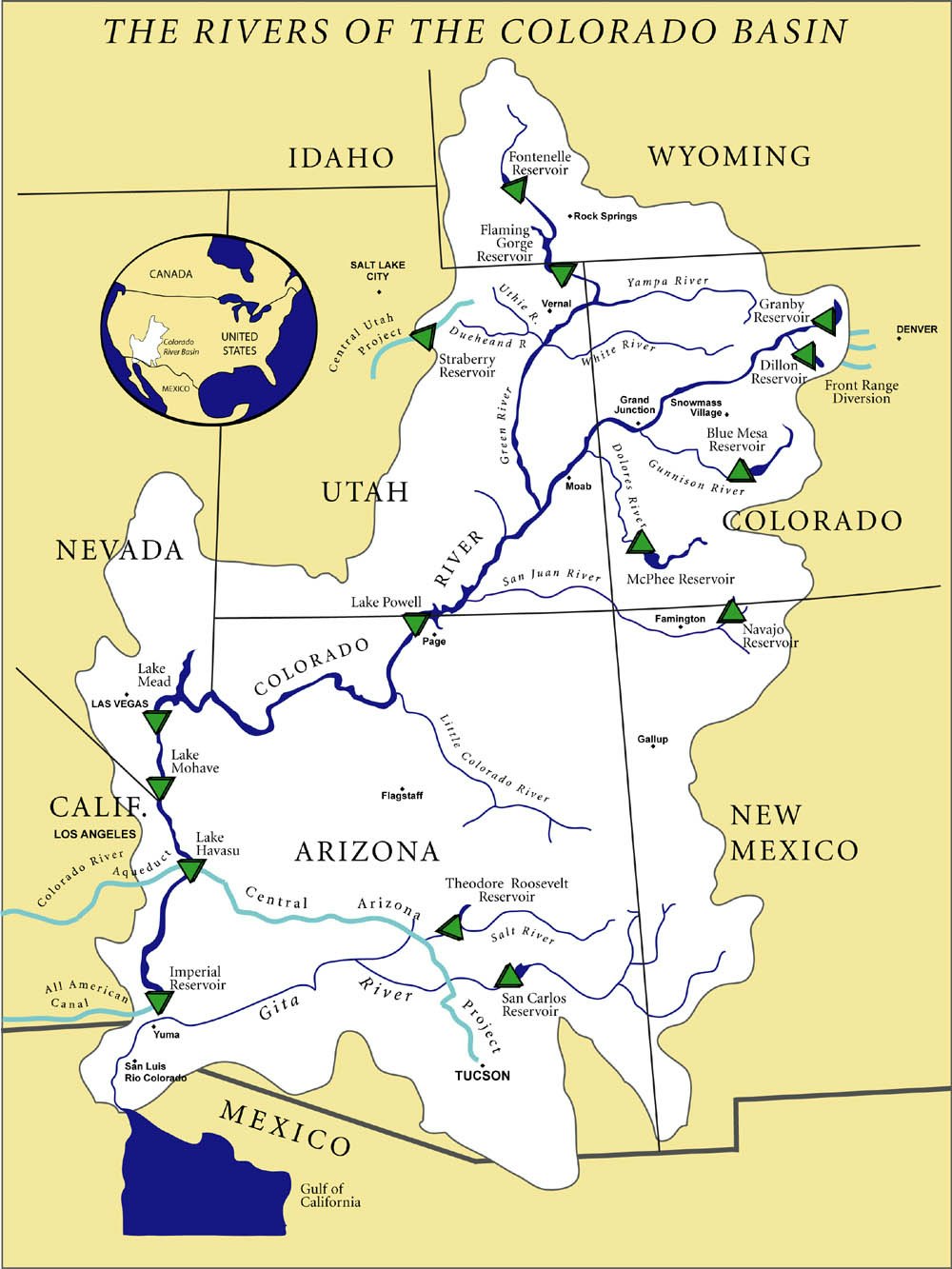 Map of the Colorado River Basin showing rivers, reservoirs, and states, including Colorado, Utah, Arizona, and parts of Mexico.