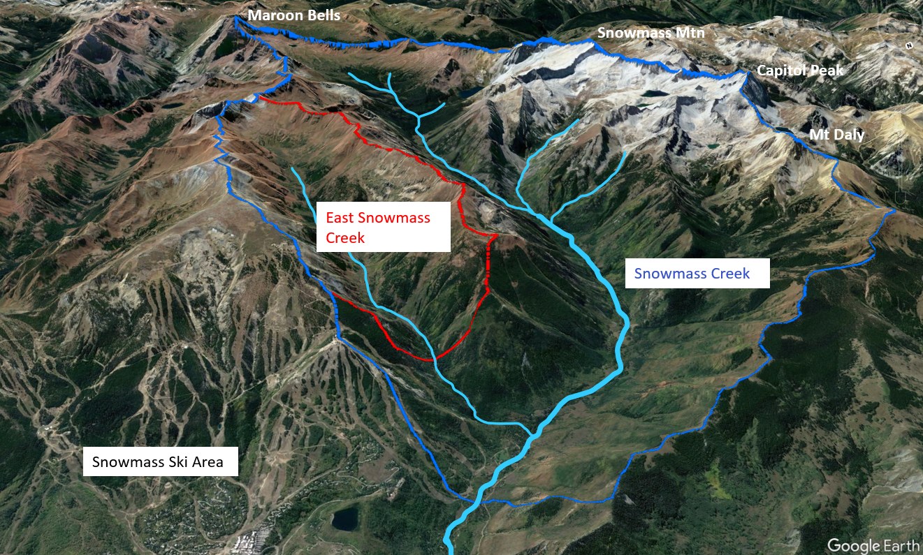 The image is a map showing the Maroon Bells, Snowmass Mtn, and Snowmass Ski Area, with highlighted creek paths.
