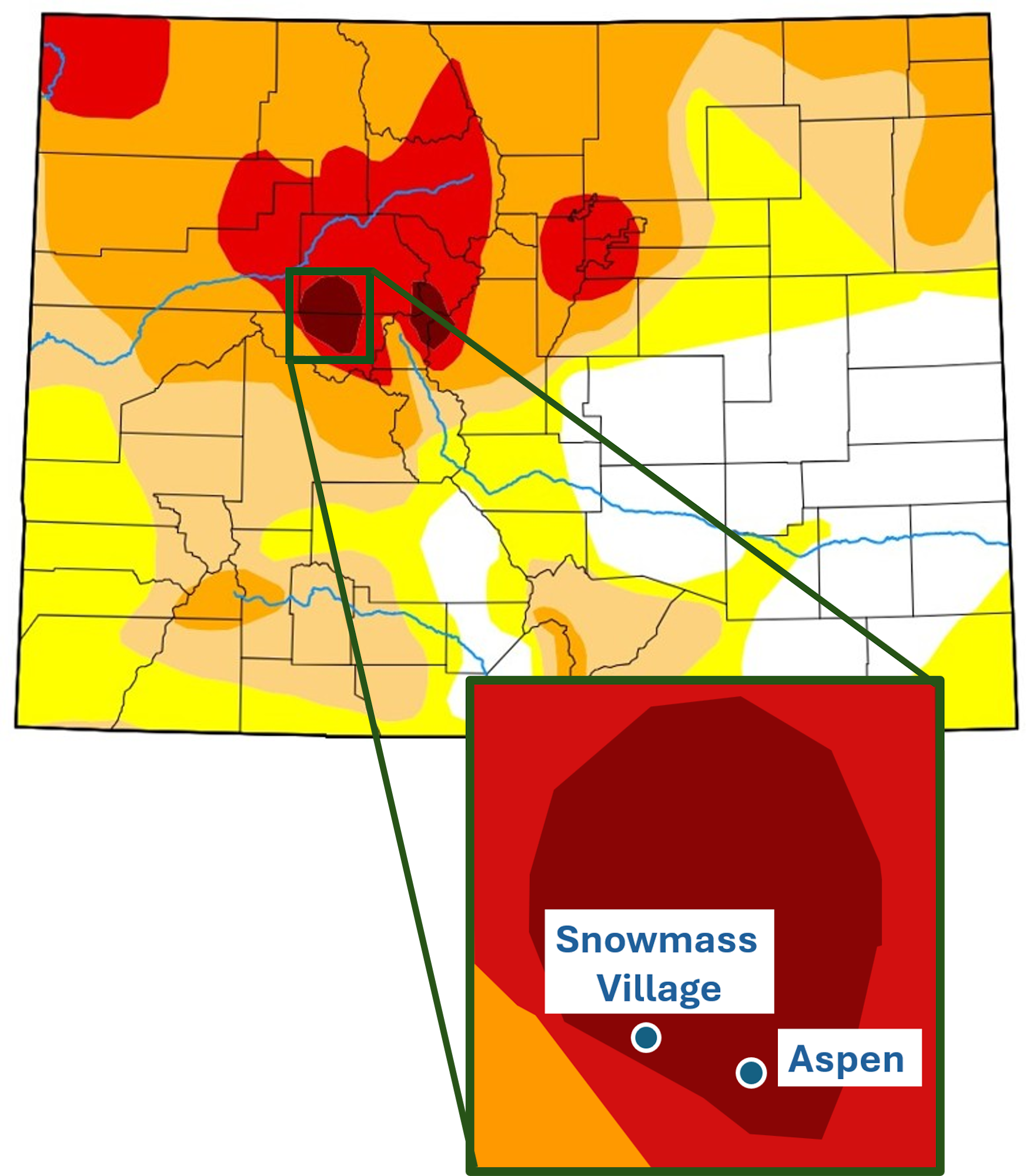 The image shows a map highlighting areas around Aspen and Snowmass Village in Colorado, with varying color intensities indicating data distribution.
