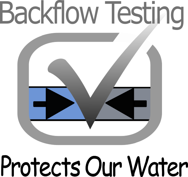 The image features a graphic for "Backflow Testing," showing a checkmark and a diagram symbolizing backflow prevention.