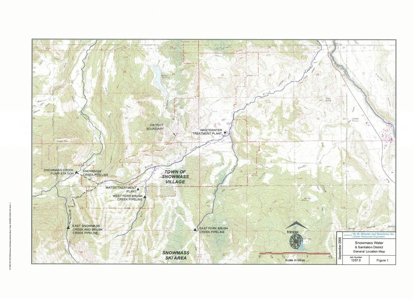 Map of Snowmass Water & Sanitation District, showing pipelines, treatment plants, and geographical features.