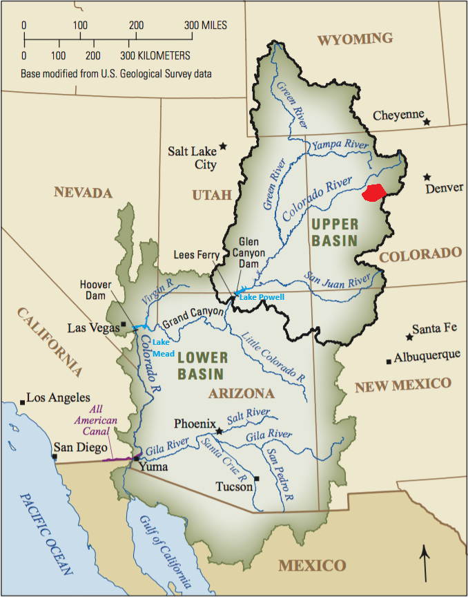 The image is a map of the Colorado River Basin, showing the Upper and Lower Basins and major rivers and landmarks.