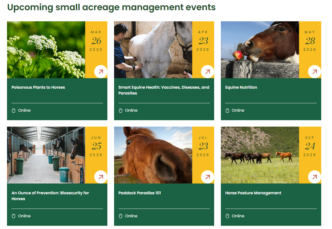 Image shows upcoming online events for small acreage management focusing on horse health, nutrition, and management in 2026.
