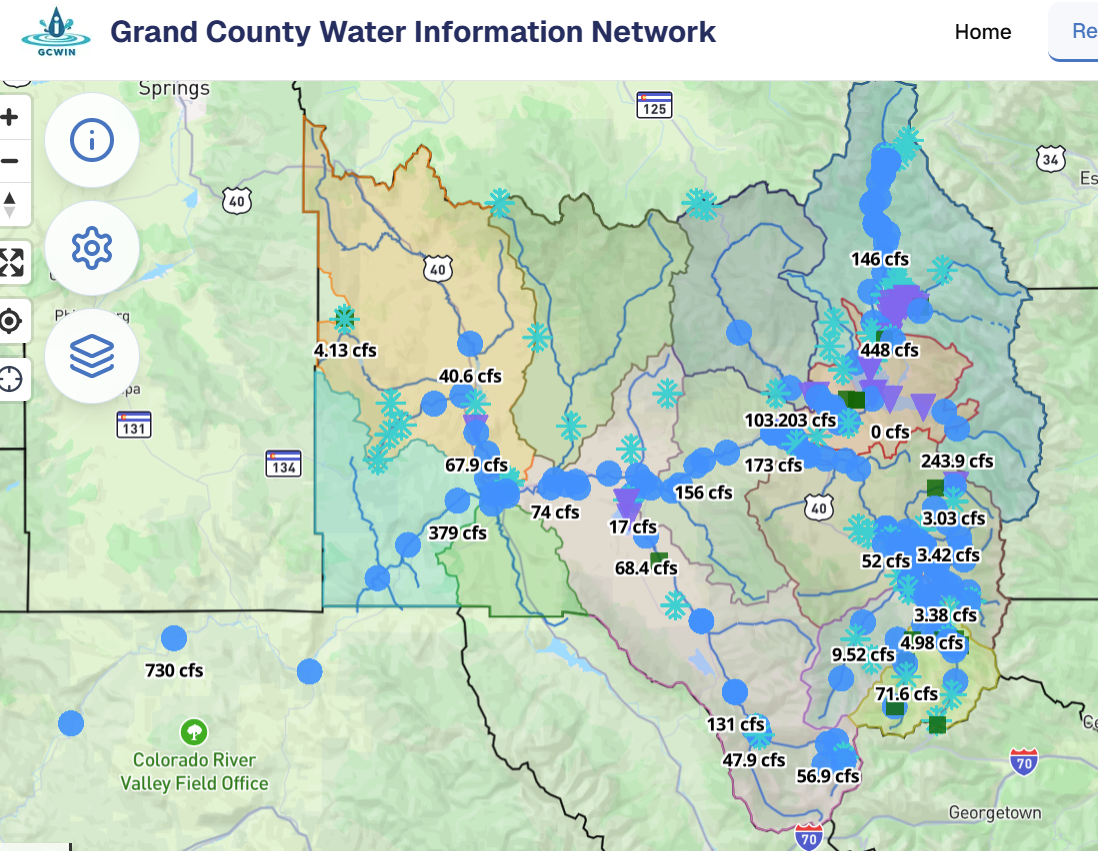 The image shows a map of Grand County's water information network, highlighting various stream flow measurements (cubic feet per second).