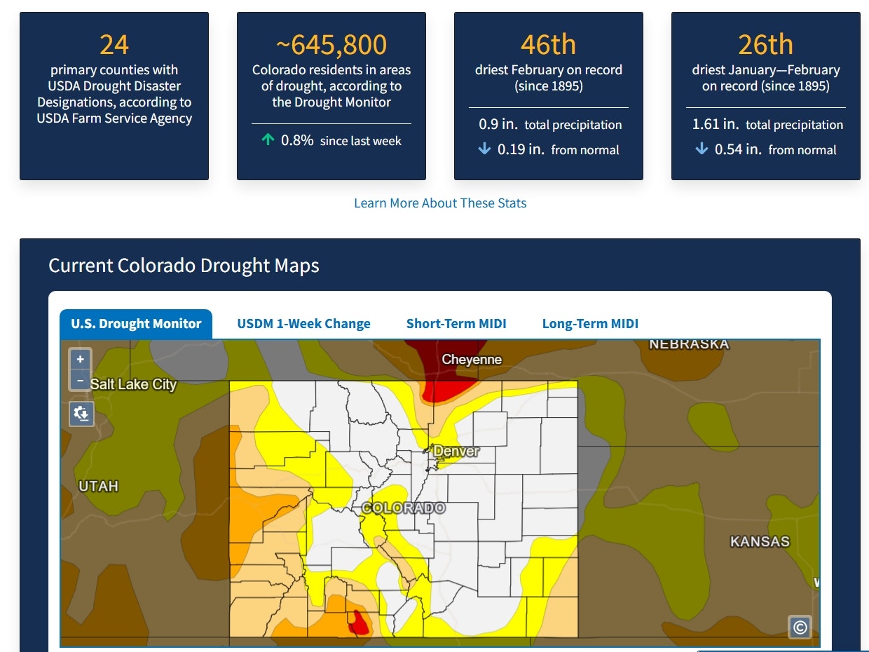 Colorado drought stats and map: 24 counties affected, ~645,800 residents in drought areas, 46th driest February, drought maps shown.