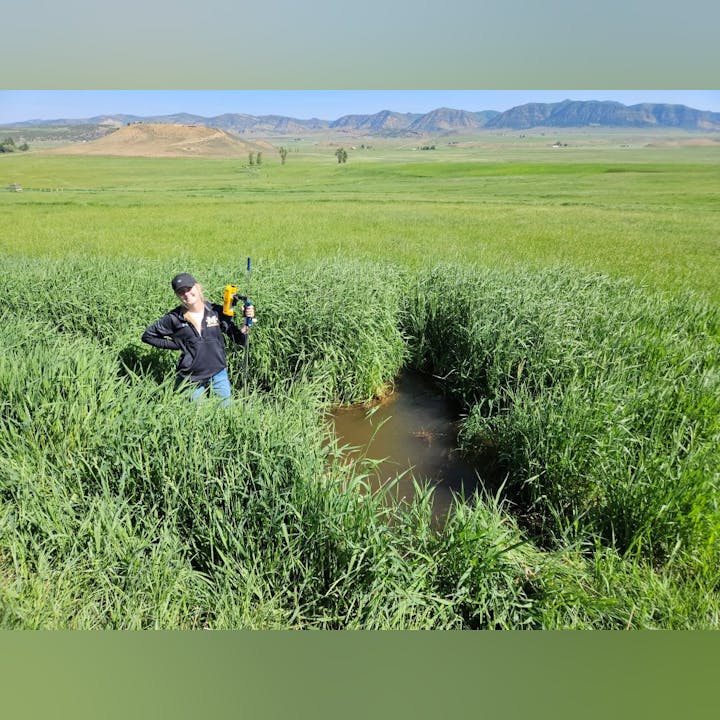 Person standing in tall grass near water, holding a tool, with mountains in the background.