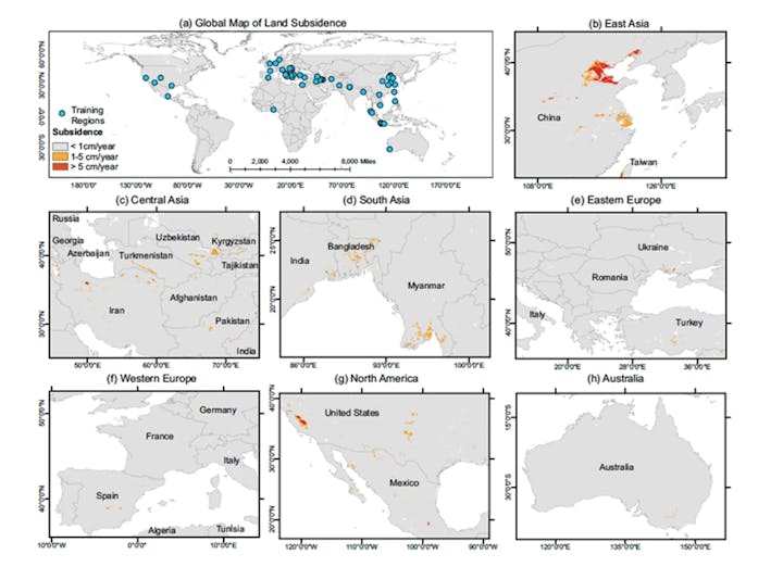 Global map of land subsidence with detailed regional maps showing areas affected, categorized by subsidence rate per year.