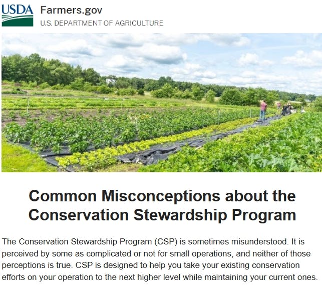 USDA image about common misconceptions of the Conservation Stewardship Program (CSP), featuring farm fields.