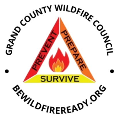 Grand County Wildfire Council logo with a triangle: "Prevent, Prepare, Survive" and website bewildfireready.org.