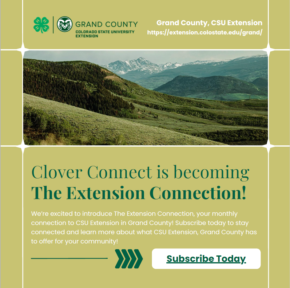 The image promotes "The Extension Connection," a monthly newsletter from CSU Extension in Grand County, inviting subscriptions.