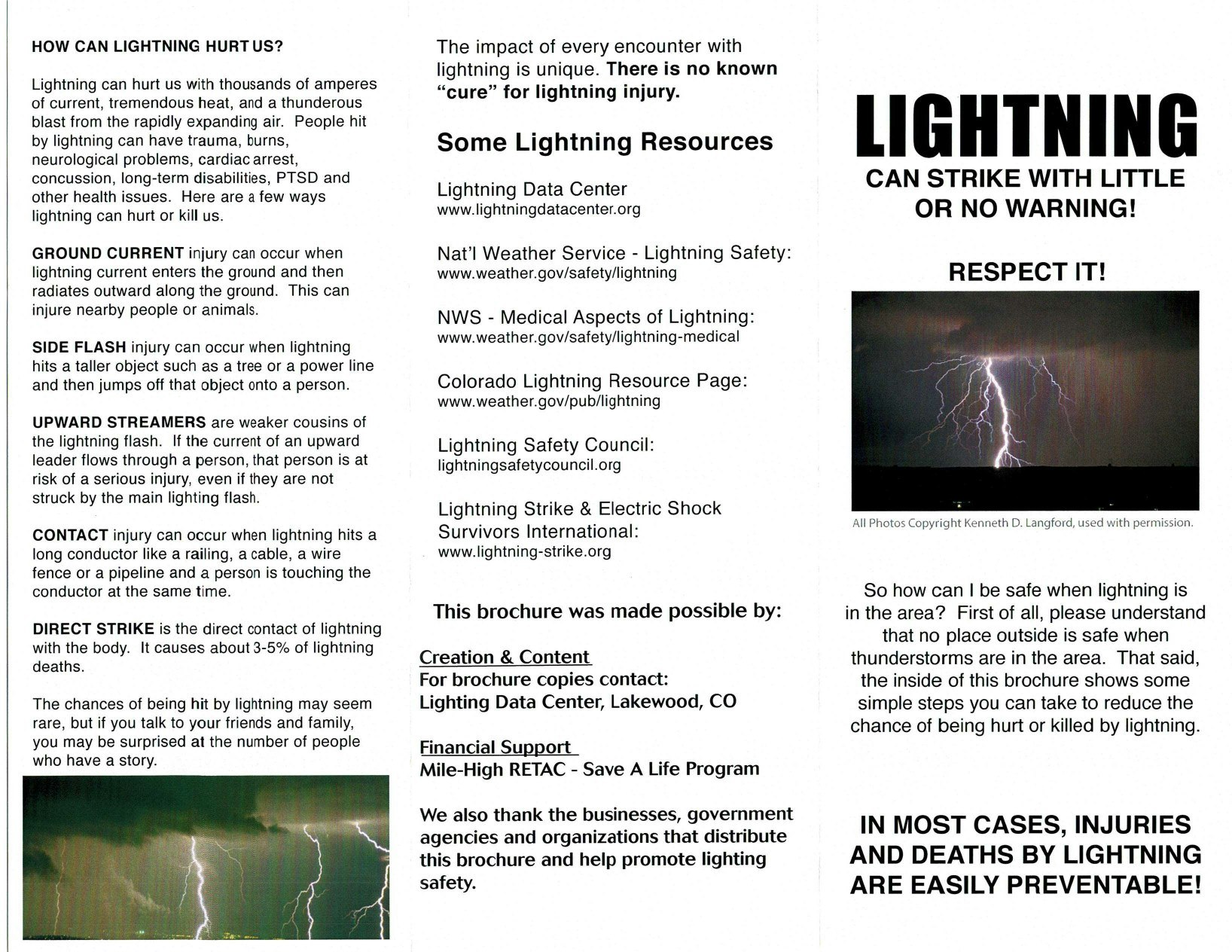 Brochure about lightning safety, impacts, types of injuries, and resources for prevention and awareness.