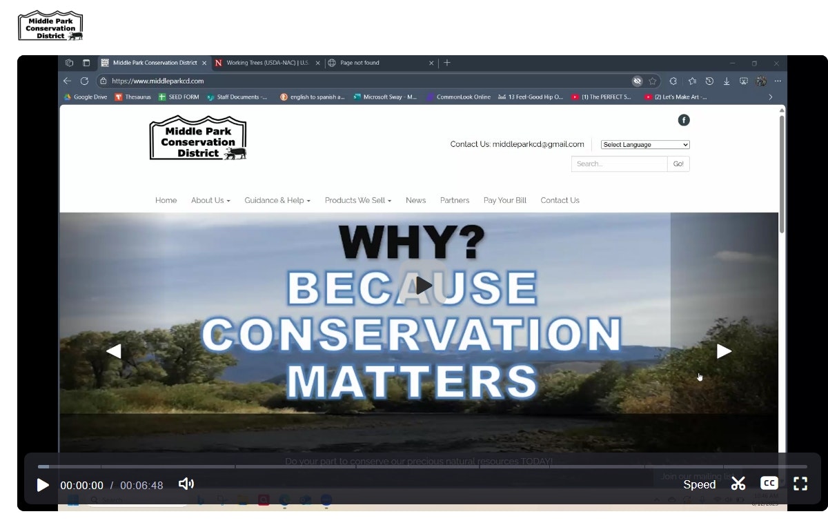 Screenshot of Middle Park Conservation District's website with "Why? Because Conservation Matters" over a nature background.