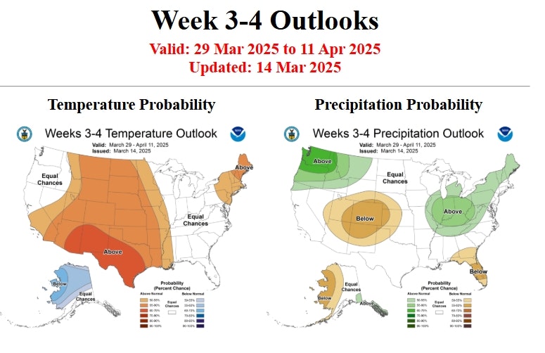 Temperature and precipitation probability outlook maps for March 29 to April 11, 2025, showing regions with above or below average conditions.