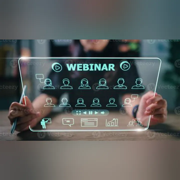 An interactive holographic display showing a webinar interface with participant icons, play buttons, and various options.