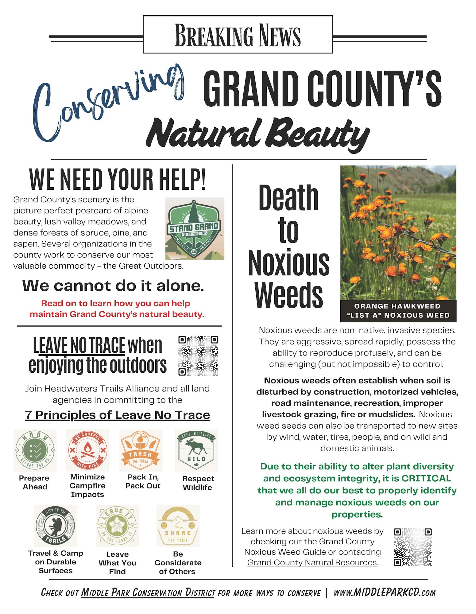 The image promotes conservation in Grand County, urging community help to manage noxious weeds and follow "Leave No Trace" principles.