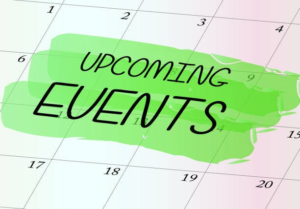 Calendar with "Upcoming Events" written on a green brushstroke overlay.