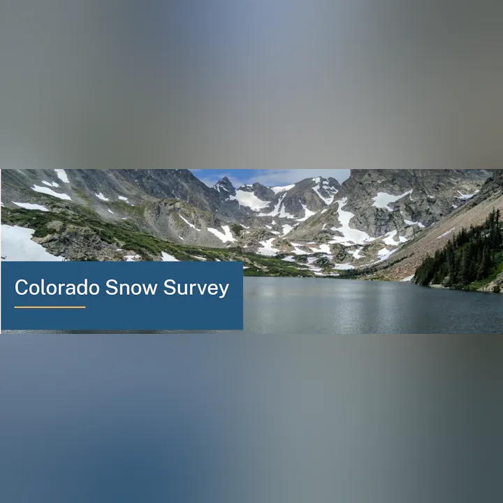 A scenic view of mountain peaks and a lake, highlighted by the title "Colorado Snow Survey." Snow is visible on the slopes.