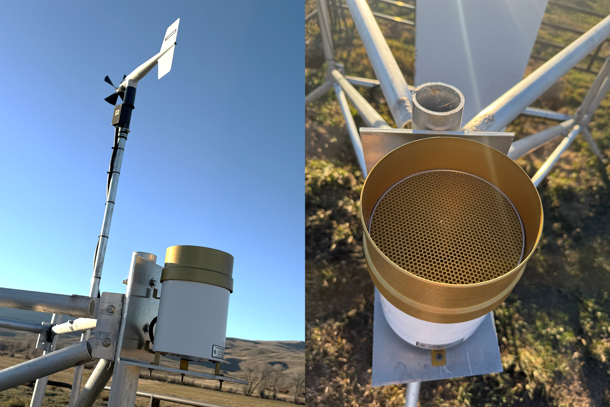 Weather instruments including a wind vane and an anemometer on poles, with a rain gauge featuring a mesh top.