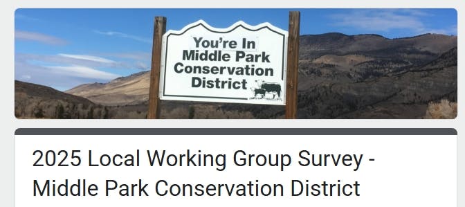 Sign reads "You're in Middle Park Conservation District" with mountains in the background; survey title below.