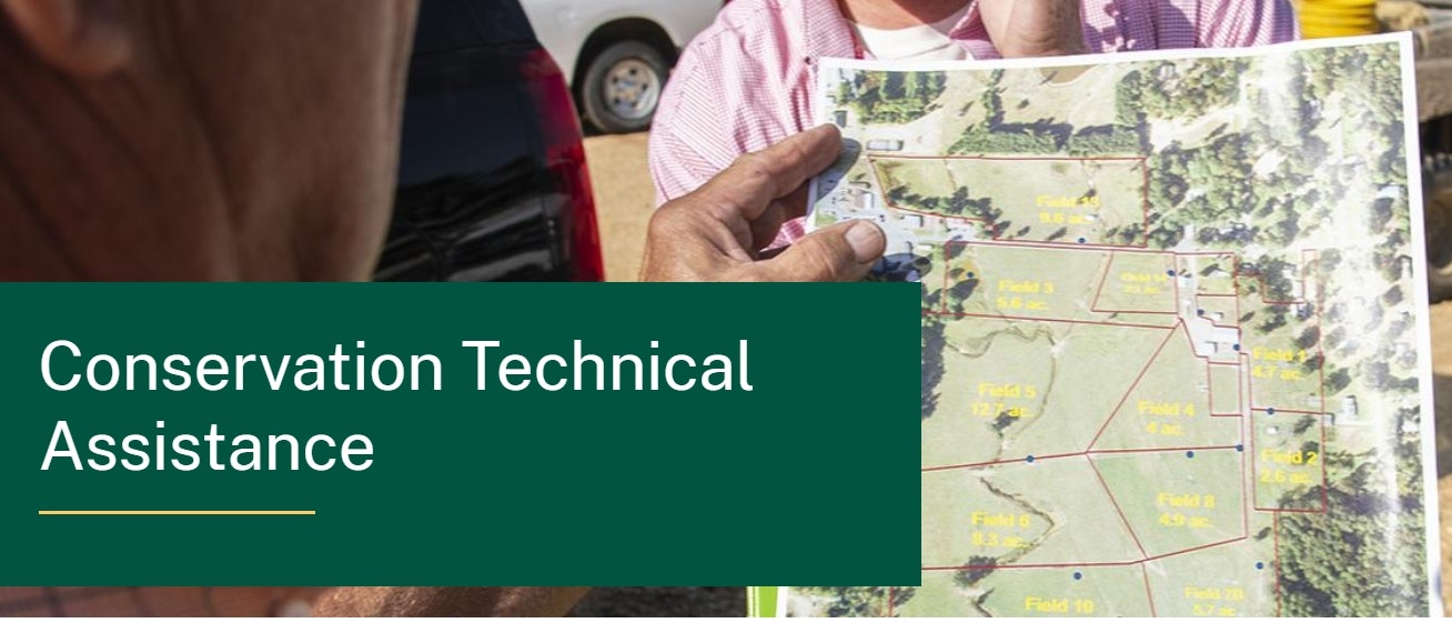 A map is being shown with marked fields; the text reads "Conservation Technical Assistance."