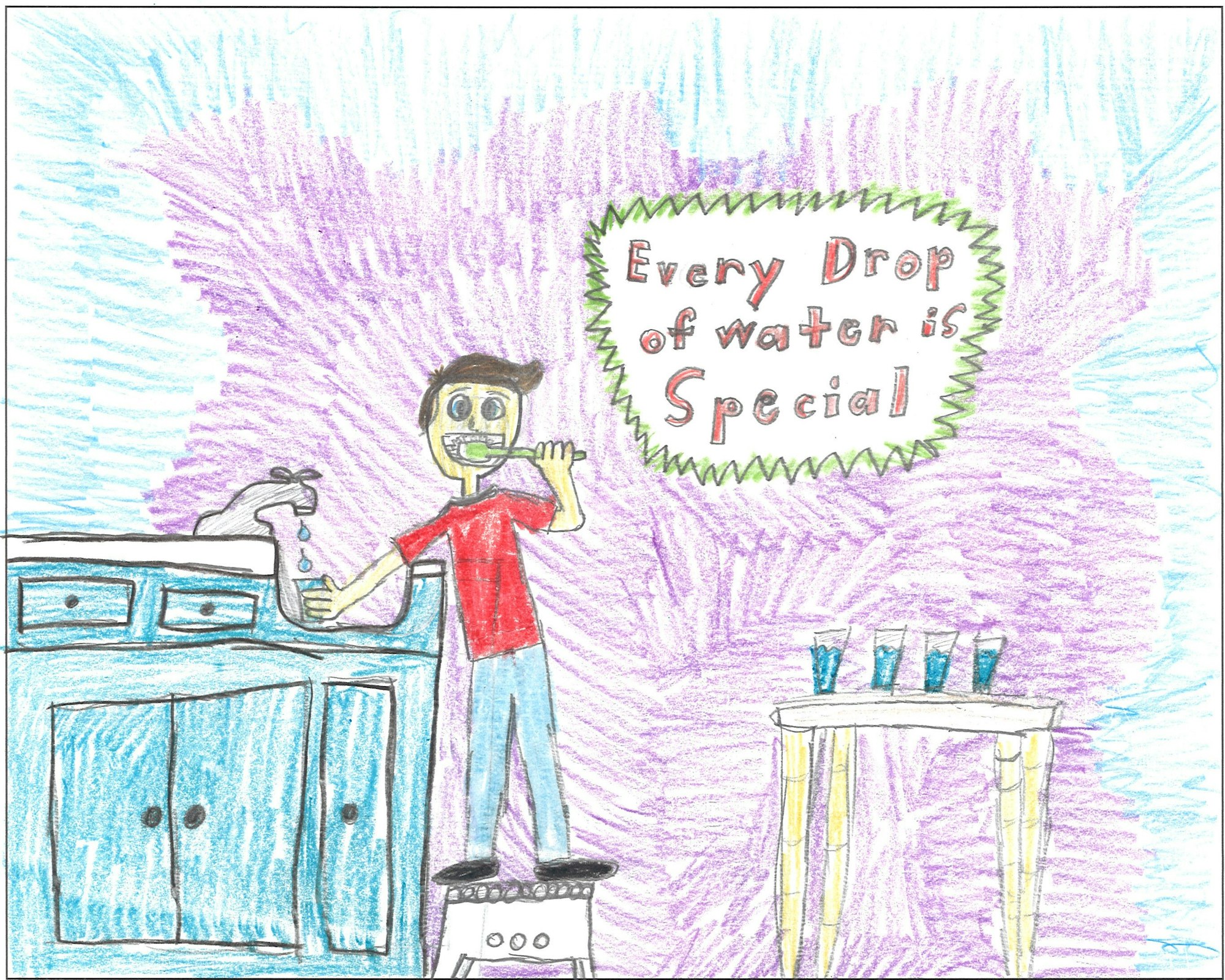 4th Grade Poster Contest winner showing boy brushing teet with slogan "Every Drop of Water is Special."