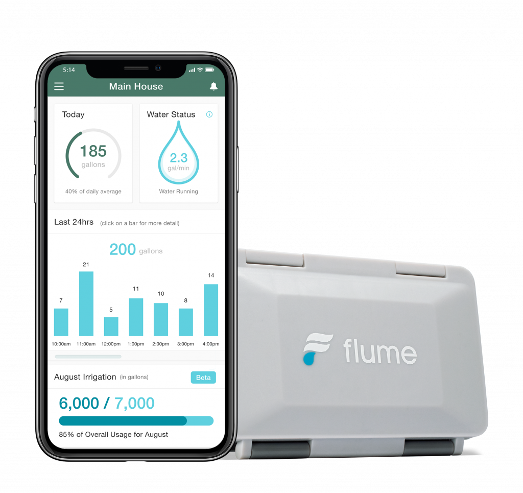 Smartphone displaying a water usage app, showing consumption data, next to a Flume water monitor device.