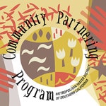 Graphic with text "Community Partnering Program" and stylized icons suggesting collaboration and support.