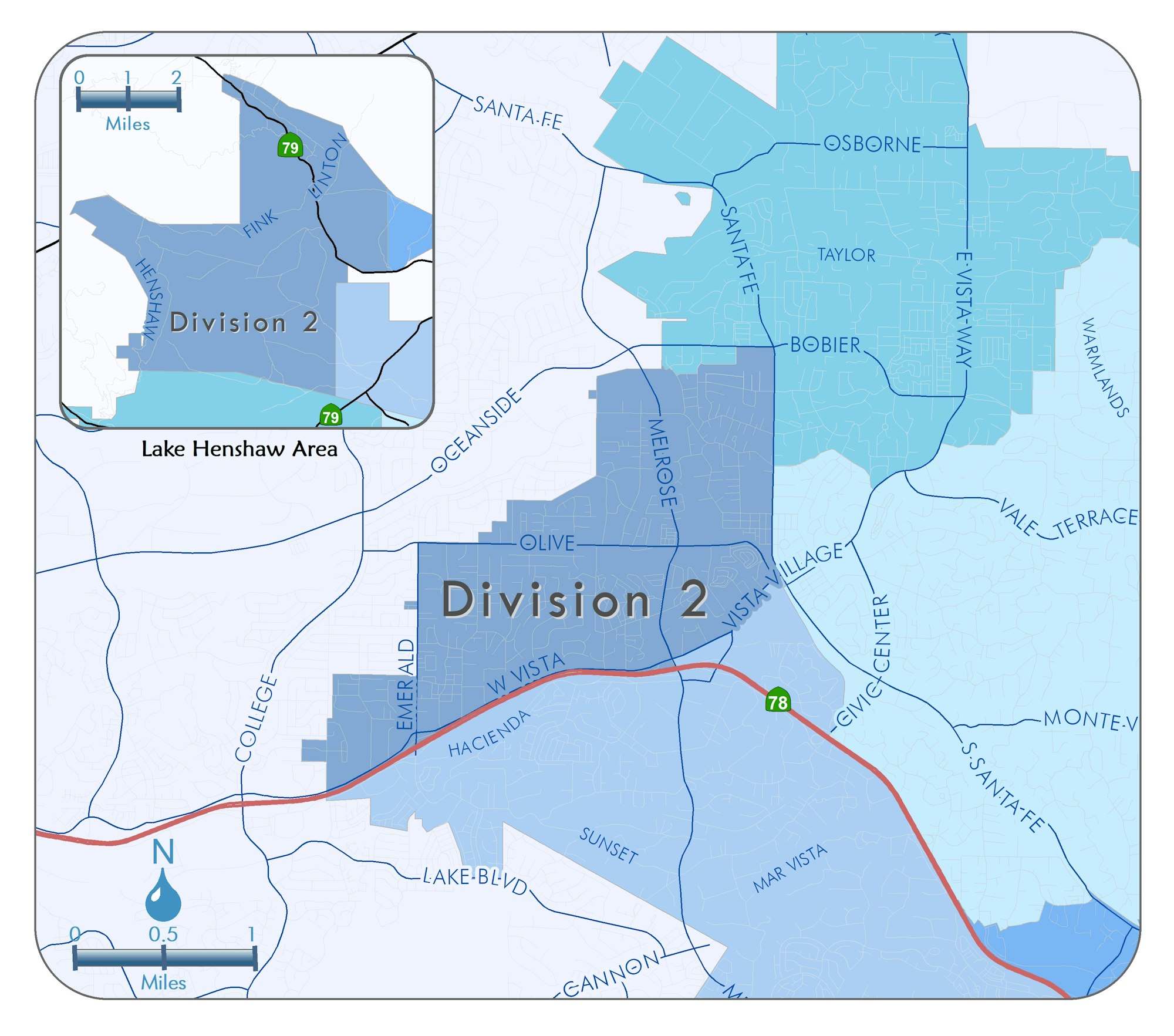 Map identifying Division 2 boundaries. May contain: plot, map, and diagram