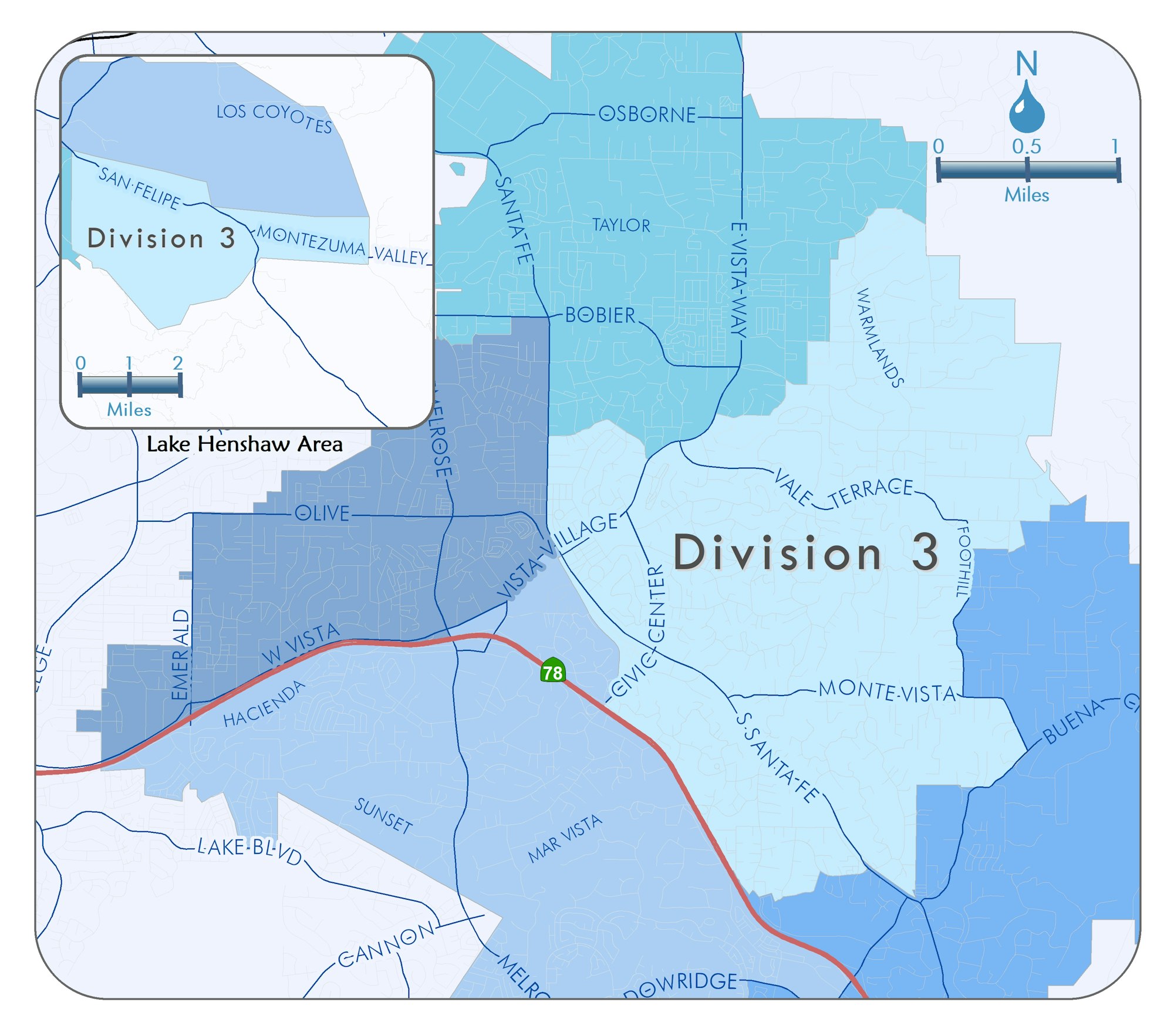 Map of Division 3 boundaries. May contain: plot, map, and diagram