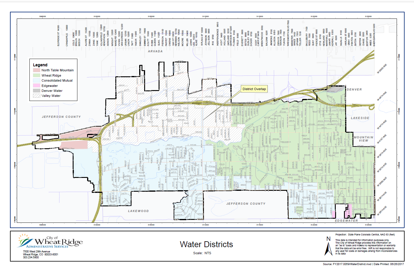 City of Wheat Ridge map of Water Districts in the City of Wheat Ridge