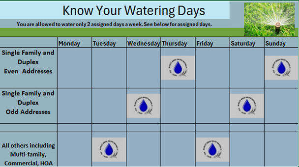 The image outlines assigned watering days for different address types: even, odd, and all others, allowing two days a week.