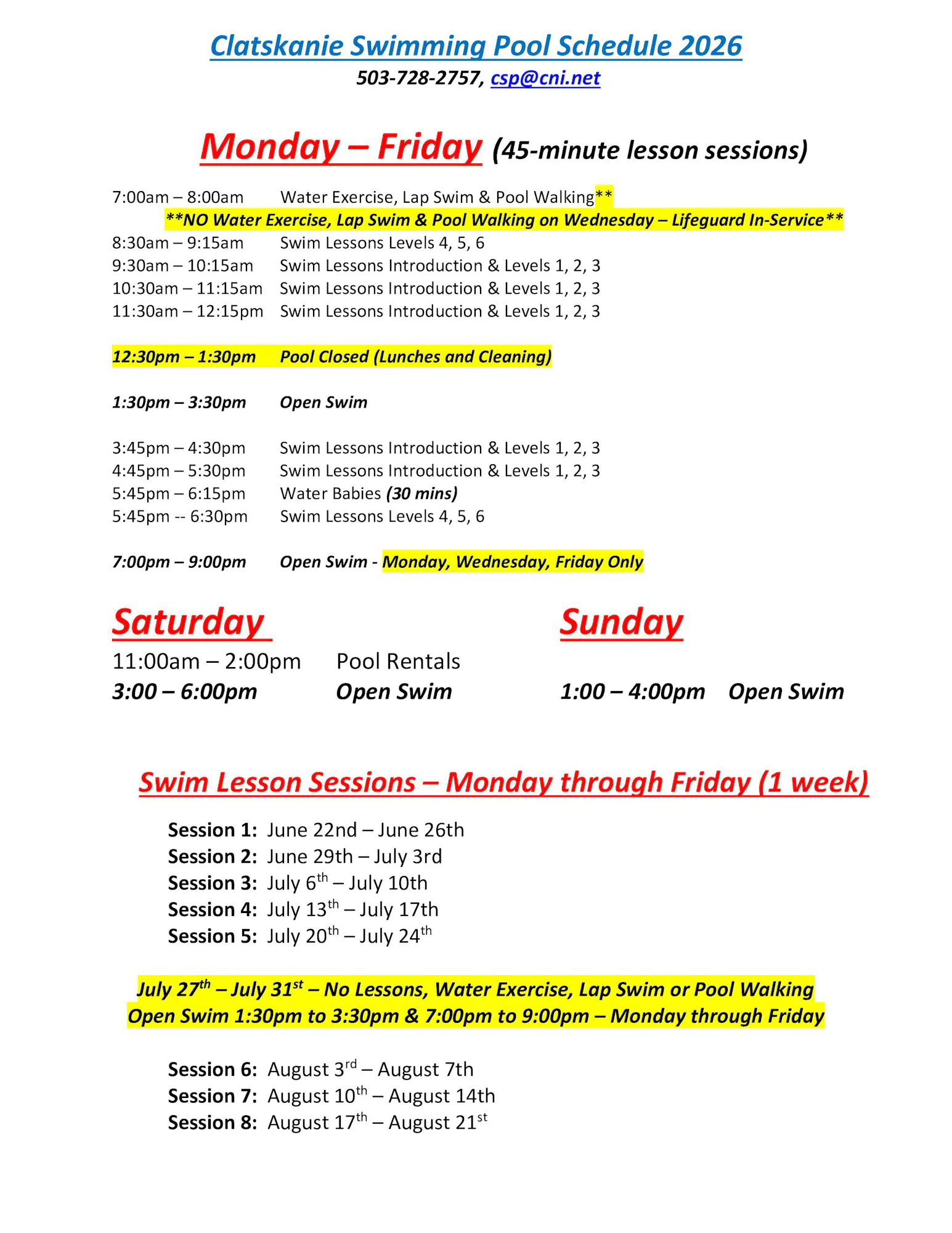 Clatskanie Swimming Pool schedule for 2026: swim lessons, open swim times, and special closures.