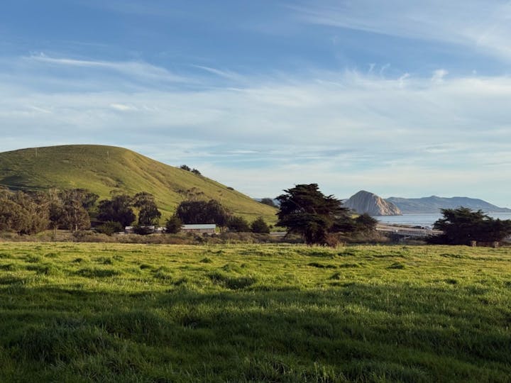 A scenic view featuring rolling green hills, trees, a coastline, and a rocky outcrop under a clear blue sky.