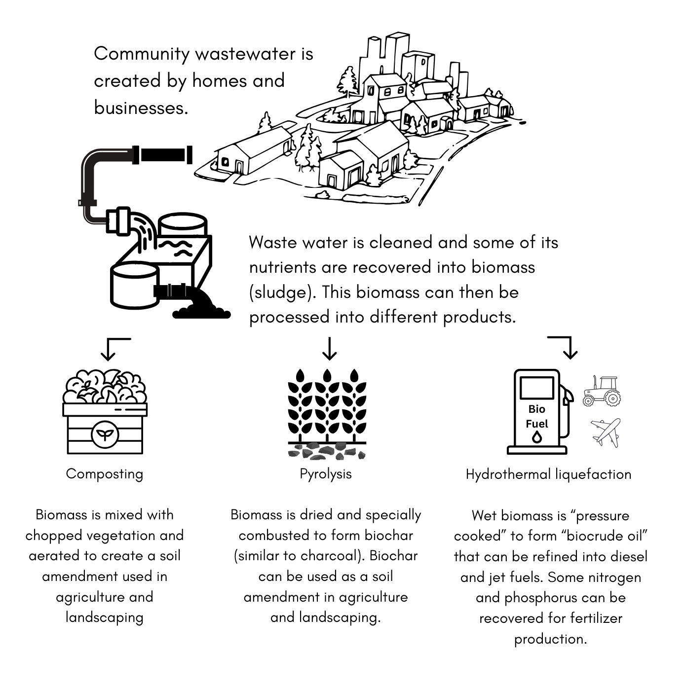 Community wastewater is treated into biomass, which is processed into compost, biochar, and biofuel through different methods.