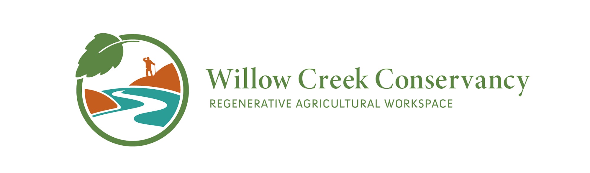 Logo of Willow Creek Conservancy with a leaf, river, person, and hills within a circle.