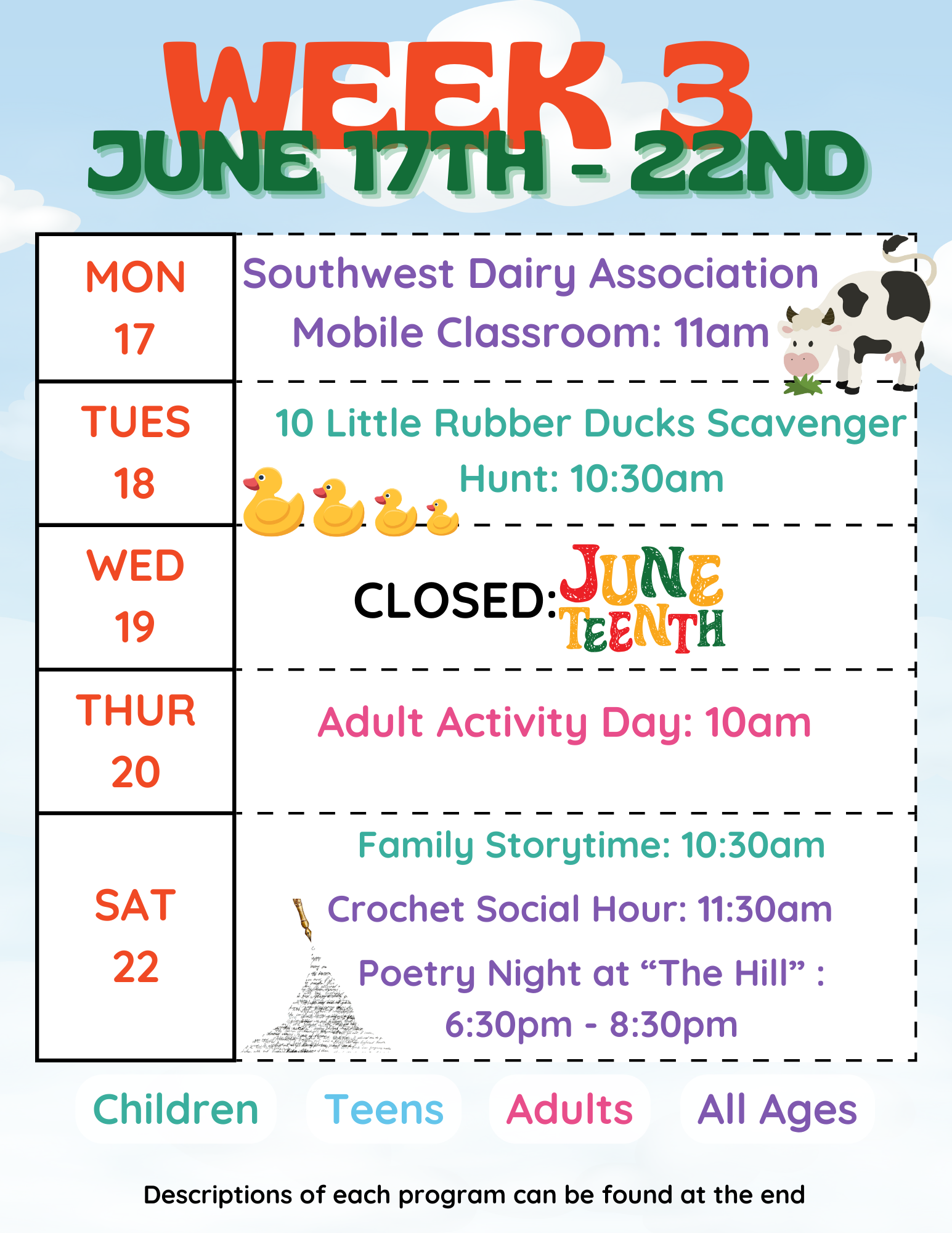 Weekly schedule with events: dairy class, duck hunt, Juneteenth, adult day, storytime, crochet hour, and poetry night.