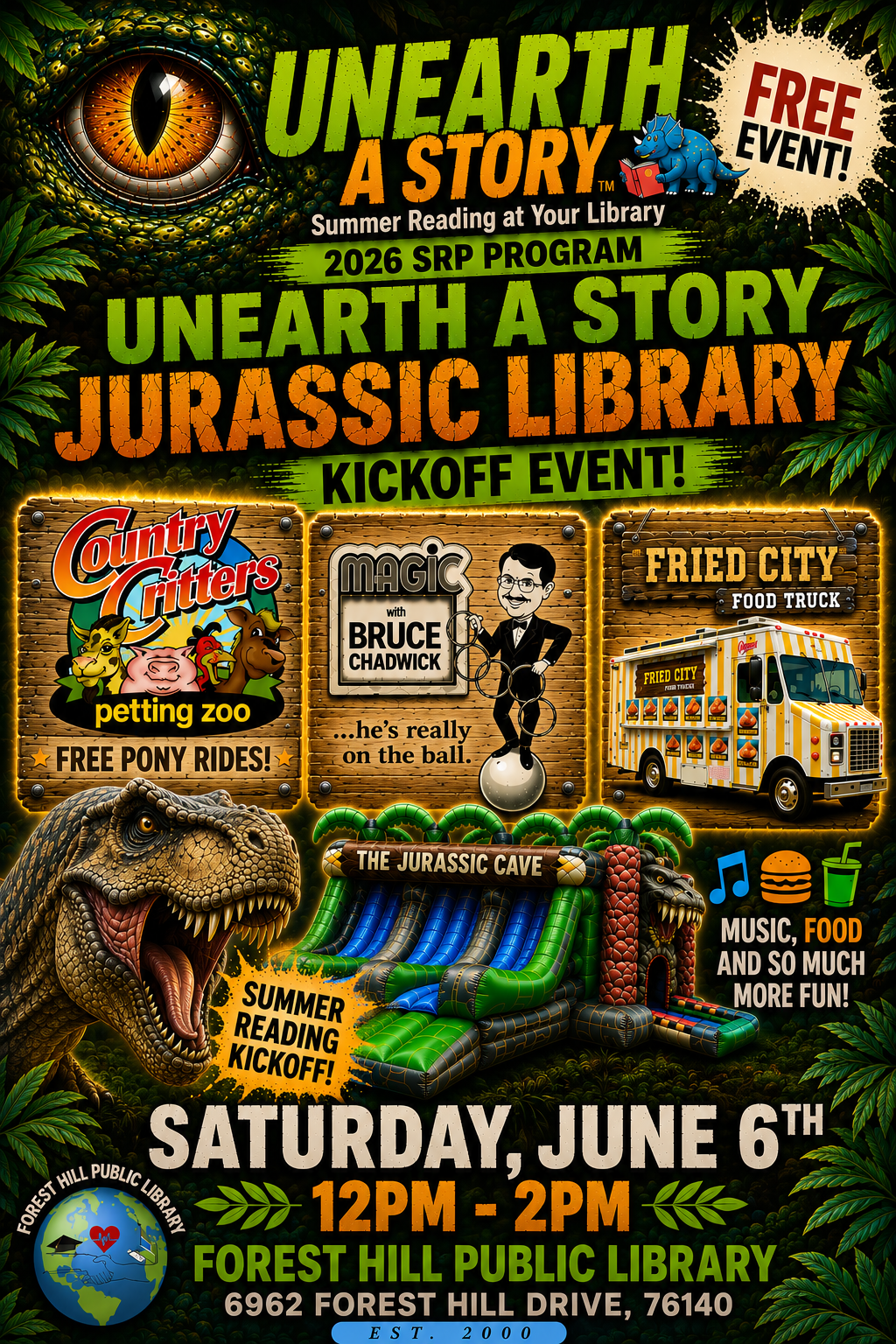 Join the free "Unearth a Story" kickoff event at Forest Hill Public Library on June 6th, featuring a petting zoo, magic show, and food!