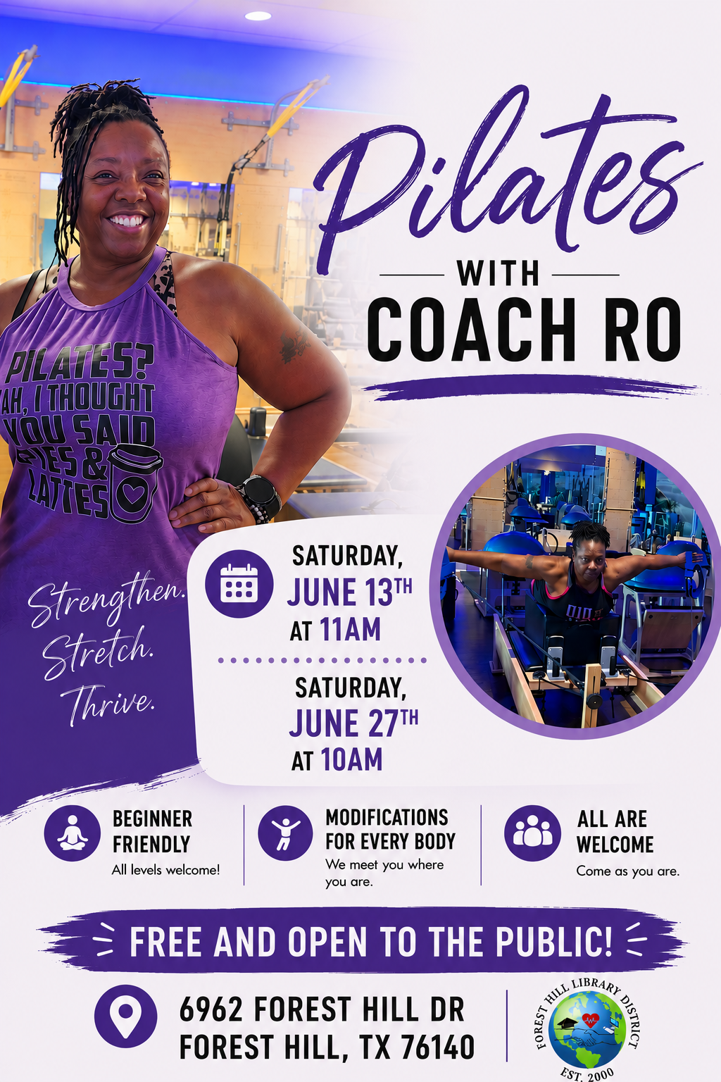 Pilates classes with Coach Ro, free and open to the public, on June 13th at 11 AM and June 27th at 10 AM in Forest Hill, TX.