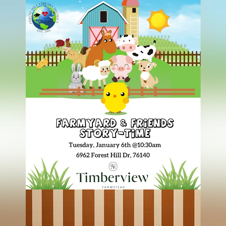 Announcement for a "Farmyard & Friends Story-Time" event on January 6th, 10:30 AM, at Timberview Farmstead.