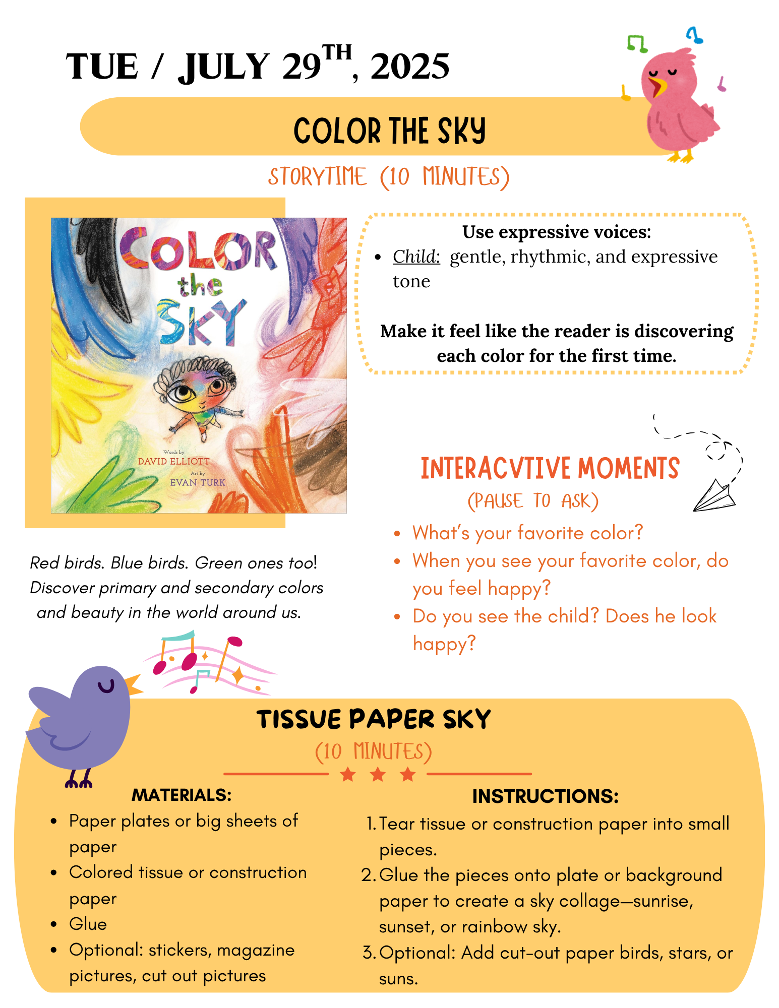 Storytime and craft activity for "Color the Sky" on July 29, 2025. Read, discuss colors, and create a tissue paper sky collage.