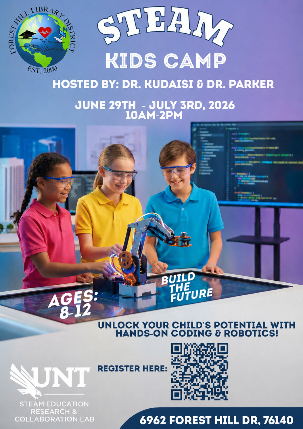 A STEAM Kids Camp for ages 8-12, hosted by Dr. Kudaisi & Dr. Parker, runs June 29 - July 3, 2026, 10 AM - 2 PM. Register online!