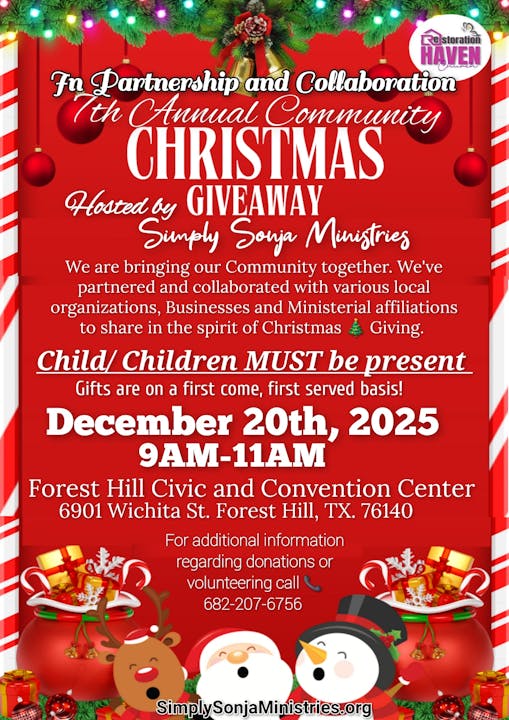 Community Christmas giveaway on December 20, 2025, 9-11 AM at Forest Hill Civic Center. Gifts for children present, first come.
