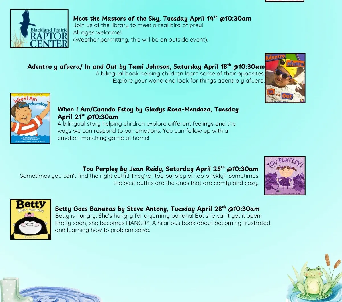 The image lists storytime events at Forest Hill Library in April, featuring fun children's books and activities.