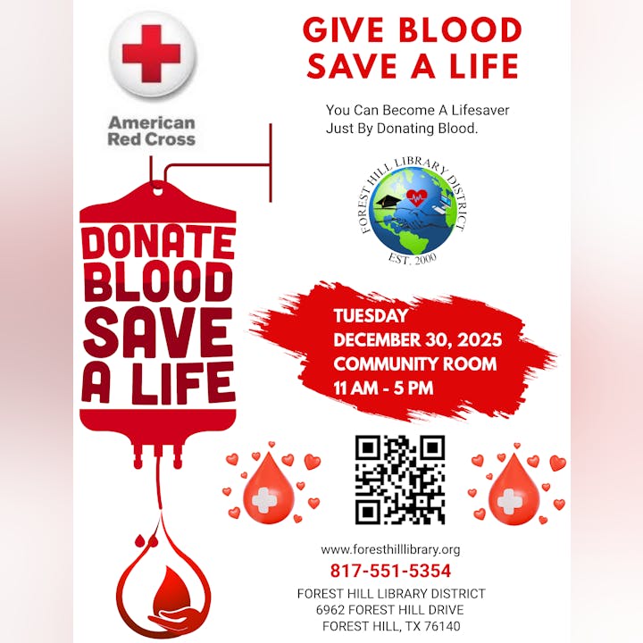 Blood donation event by American Red Cross on December 30, 2025, from 11 AM to 5 PM at Forest Hill Library. Save lives!