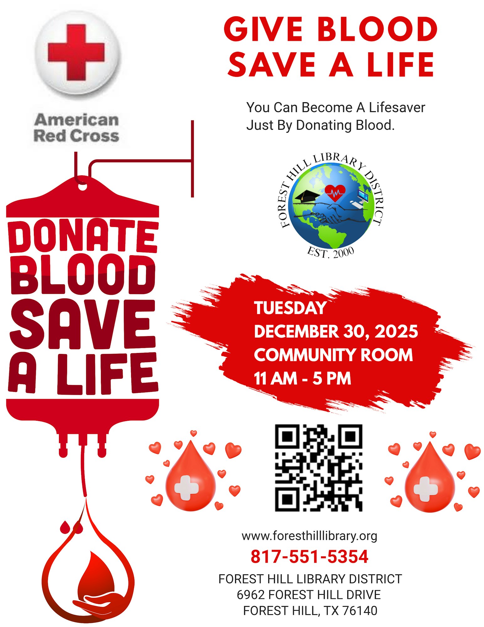 Blood donation event by American Red Cross on December 30, 2025, from 11 AM to 5 PM at Forest Hill Library. Save lives!