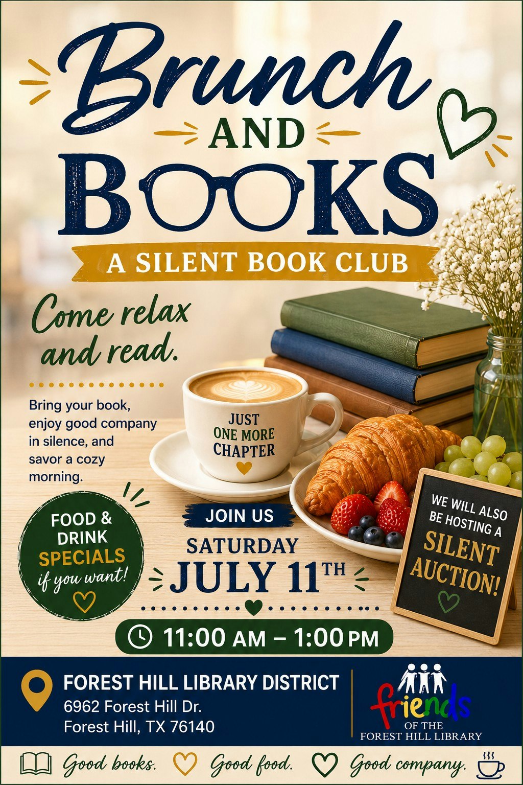Brunch and Books: Join a silent book club on July 11, 11 AM-1 PM at Forest Hill Library. Enjoy food, drinks, and an auction!