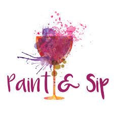A colorful wine glass with paint splashes and the text "Paint & Sip."