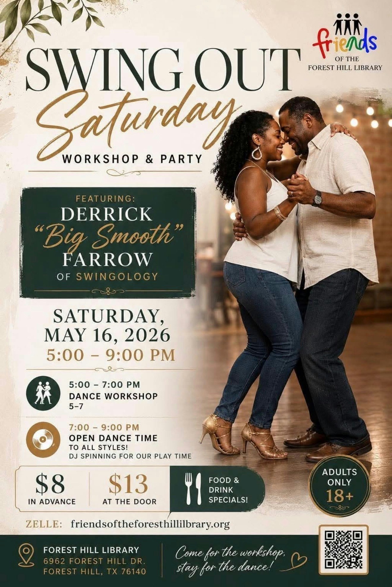 A dance workshop and party featuring Derrick "Big Smooth" Farrow on May 16, 2026, at Forest Hill Library. Ages 18+.