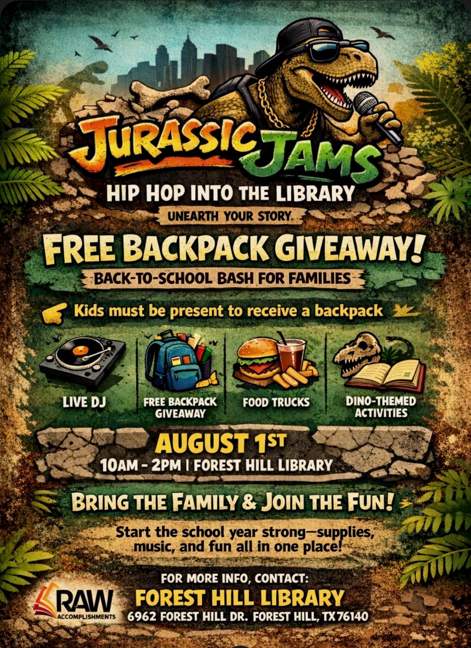 Jurassic Jams event at Forest Hill Library, Aug 1: free backpacks, food trucks, live DJ, and dino-themed activities for families!