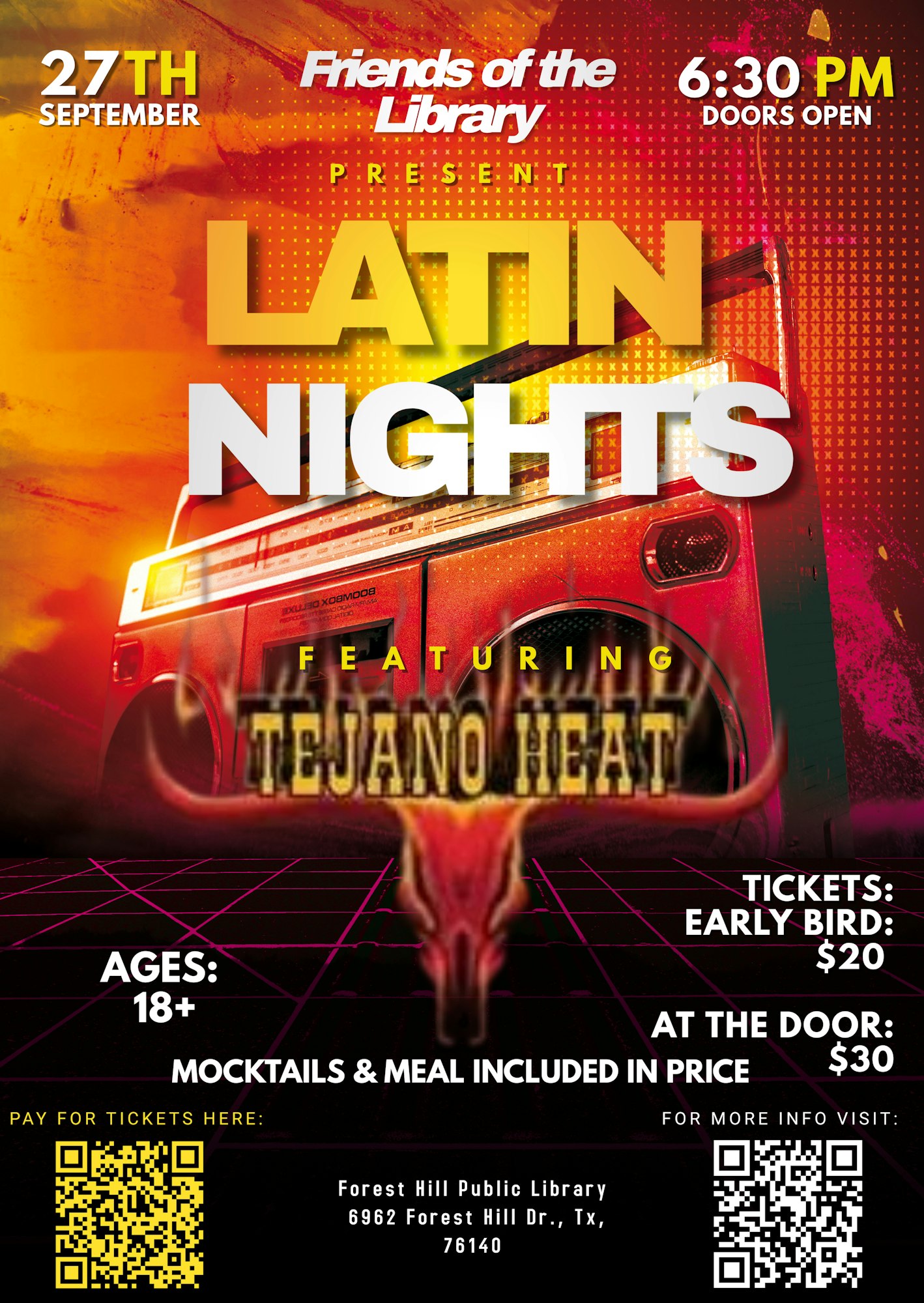 Event poster for "Latin Nights" featuring Tejano Heat on 27th September at 6:30 PM. Ages 18+, tickets $20-$30. Forest Hill Public Library.